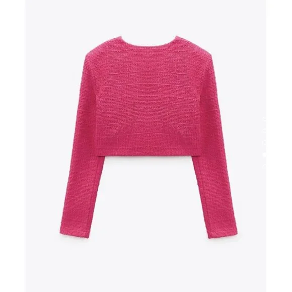 NWT ZARA NEW WOMAN SS22 FUCHSIA TEXTURED Weave CROP TOP 4661 Sz Small Tweed - Picture 3 of 8